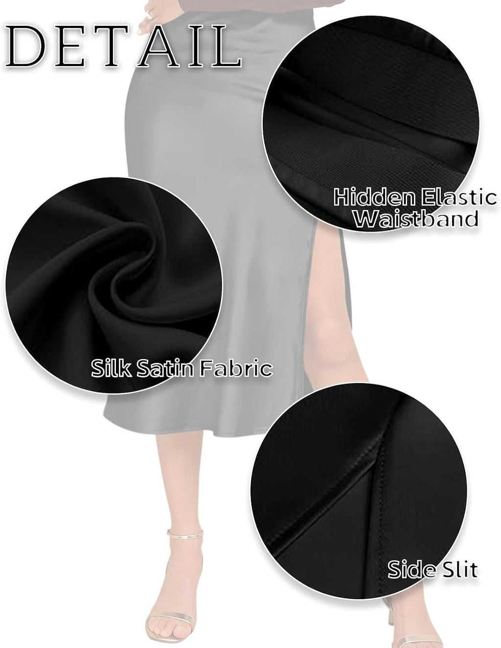 Women's Satin Midi Skirt, High Waist Side Slit Elegant Silk Skirts