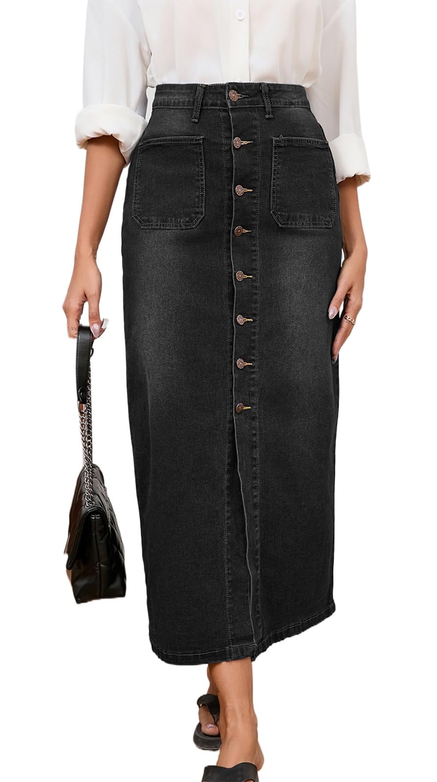 CaniBtr Women's Casual Slit Denim Midi Jean Skirt Stretch with Pockets