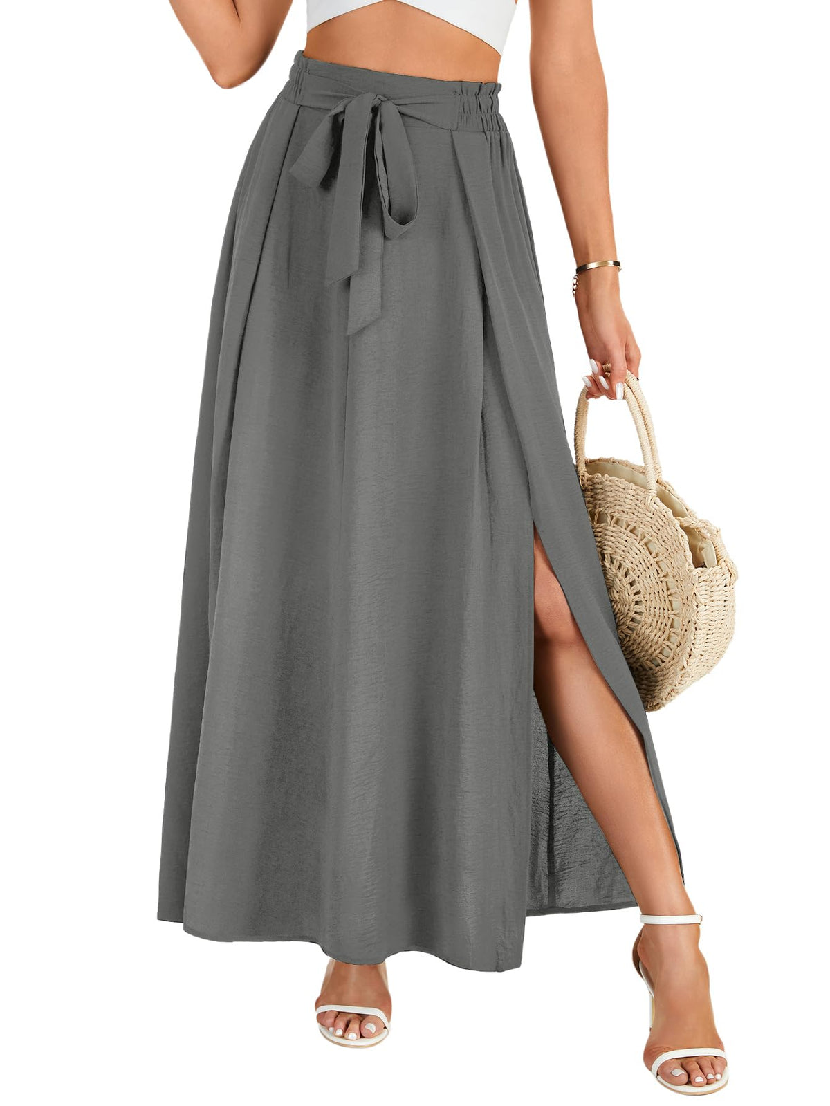 LYANER Women's Tie Front Pleated A Line Skirt High Waist Flowy Boho Maxi Dress with Slit Dressy Outfit