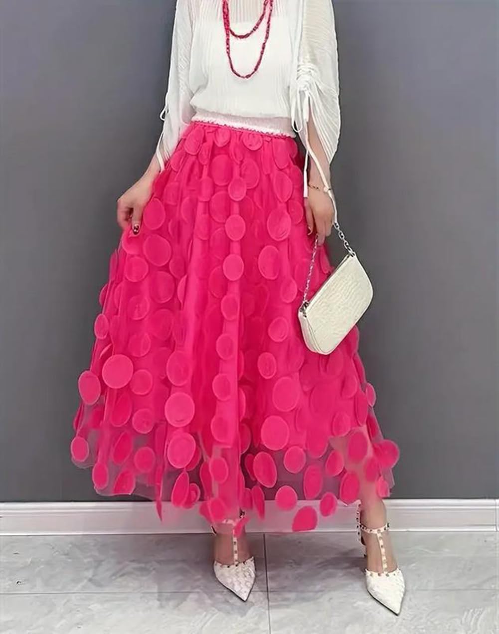 Tulle Skirt Women 3D Polka Dot Elastic Waist Mesh Flowy A-Line Midi Skirts Wedding Halloween Party Outfit