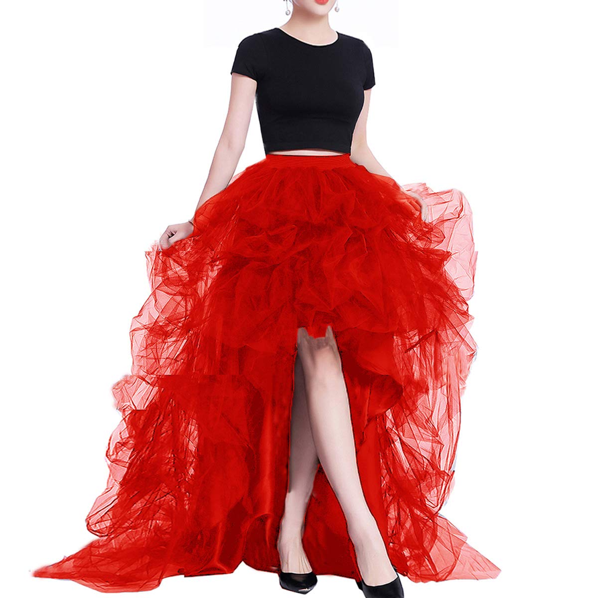Lisong Women High Waist High Low Layered Tulle Floor Length Spectial Occasion Skirt