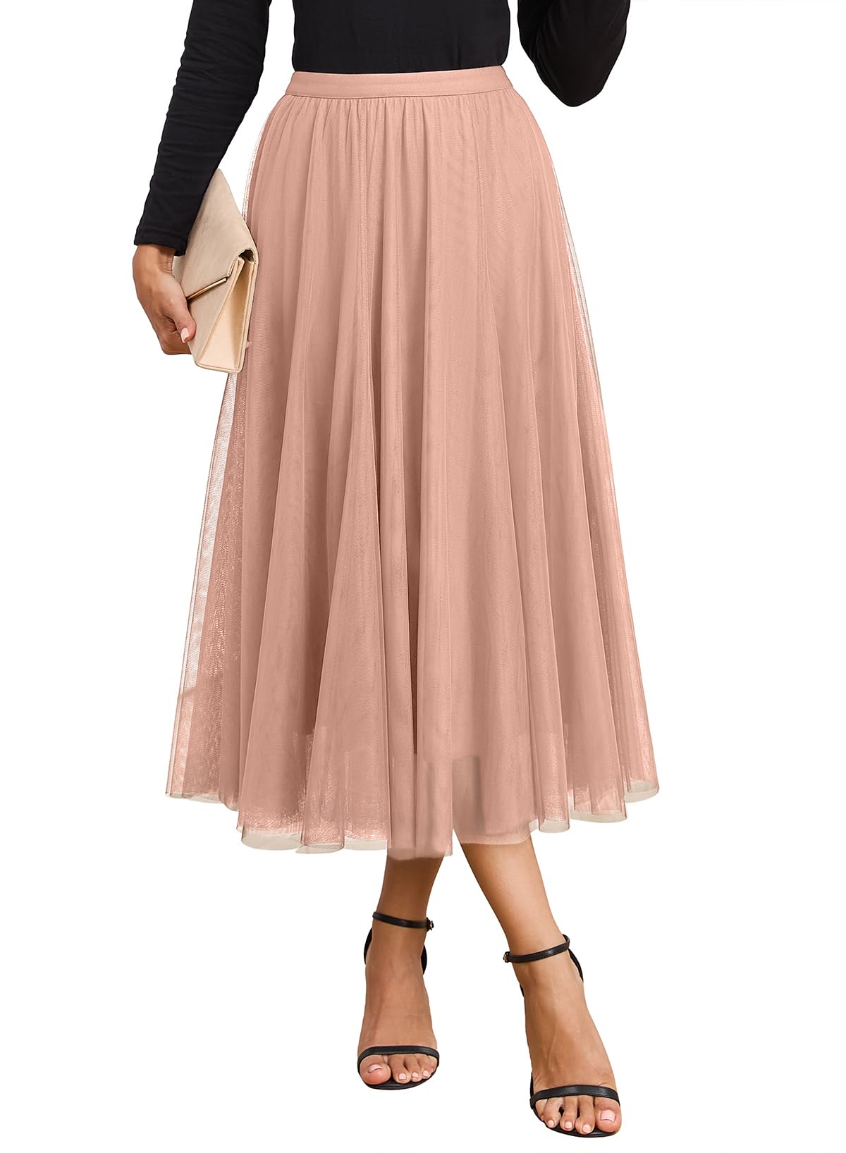 Happy Sailed Womens Tulle Skirt Elastic High Waisted A-Line Layered Flowy Long Skirts Date Night Outfit