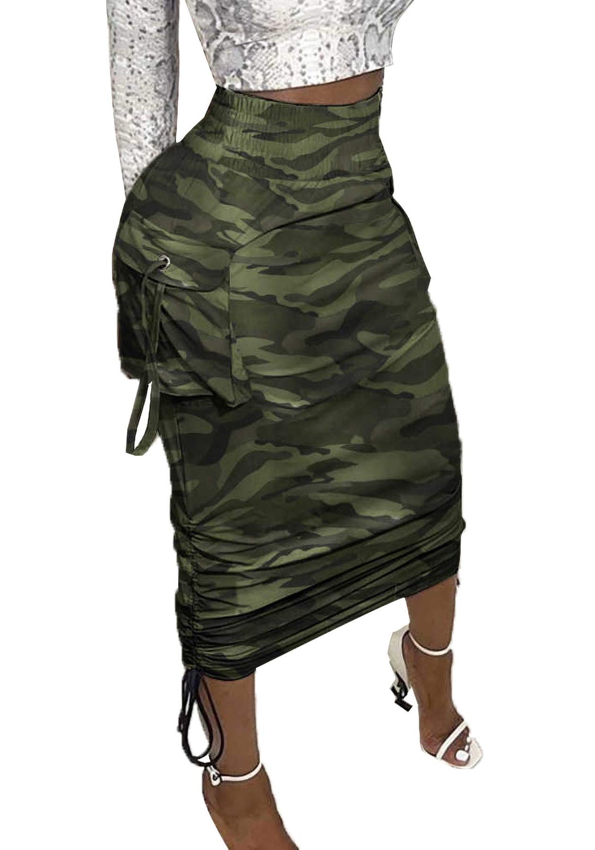 Voghtic Women’s Cargo Drawstring Ruched High Waist Pencil Long Skirt