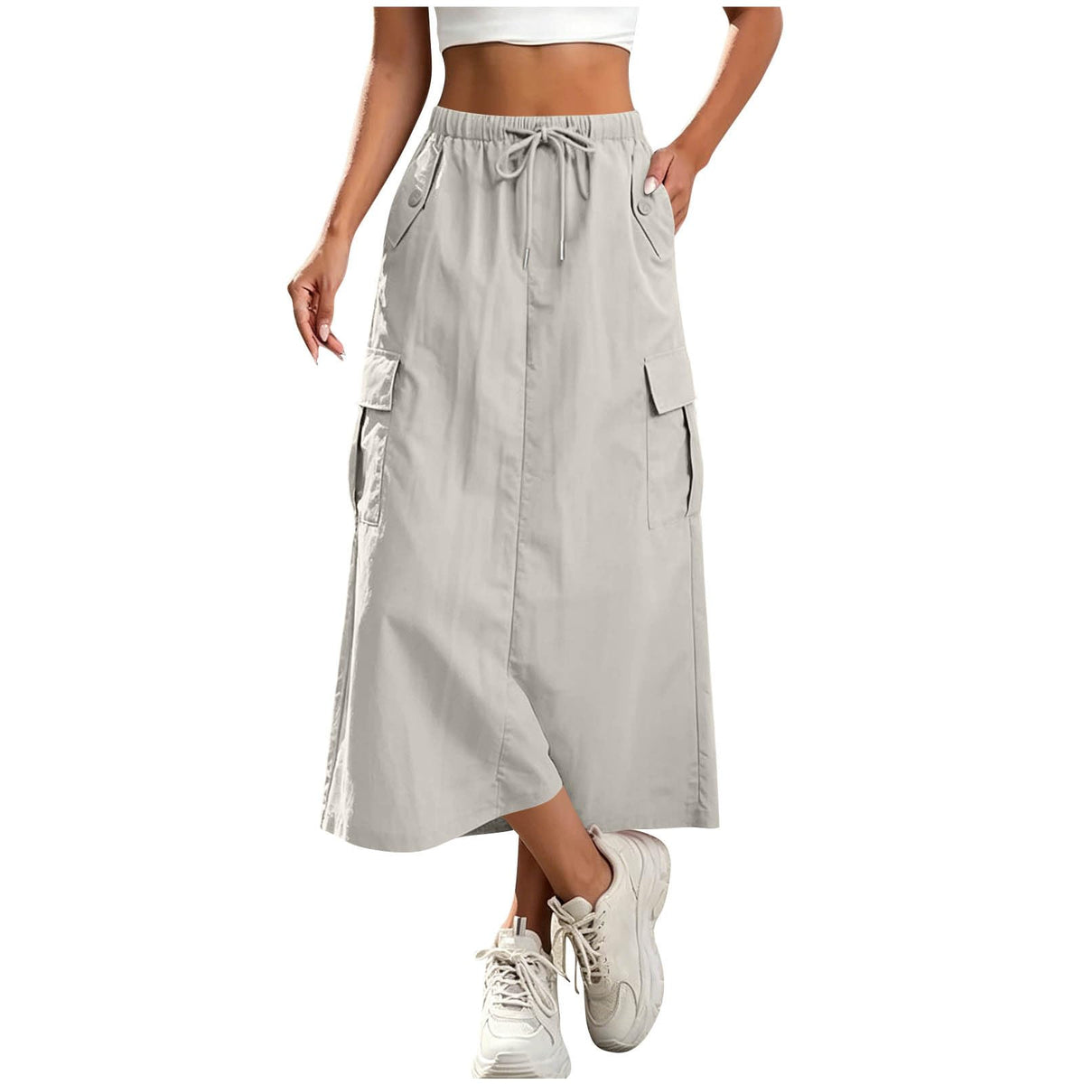 Women's Cargo Skirts Elastic Waist Drawstring Utility Midi Skirt with Multi-Pockets Casual Trendy Streetwear Skirts