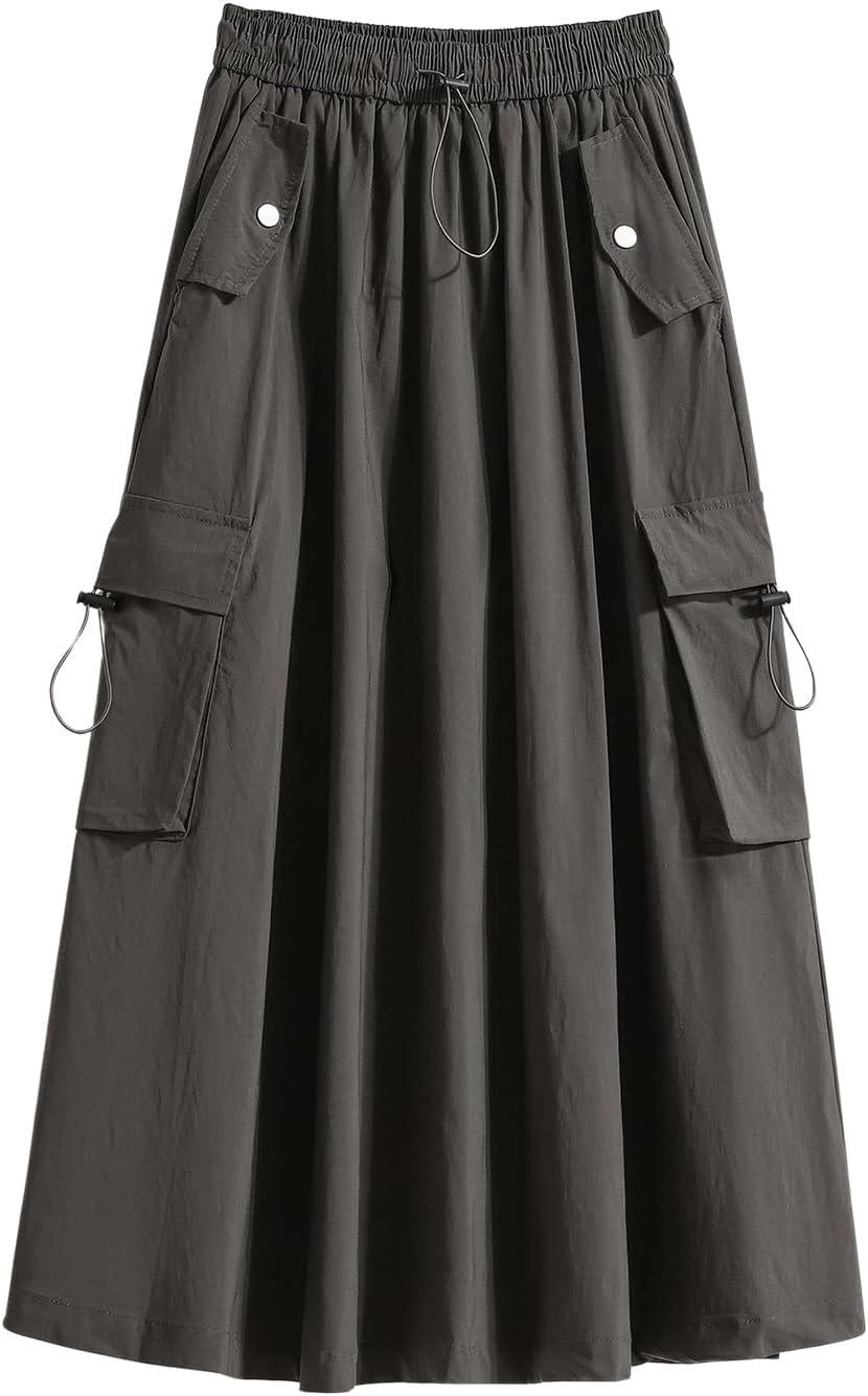ebossy Women's Vintage Cotton Drawstring Elastic Waist Multi-Pockets Utility Pencil Long Cargo Skirts