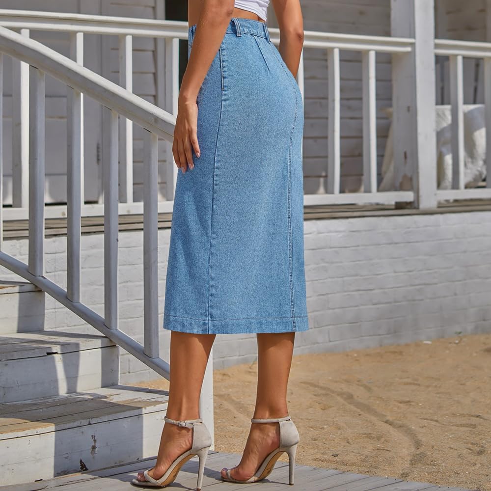 Trendy High Waisted Denim Skirt for Women Button Front Slit Midi Skirt for Ladies Fashion 2025 Summer