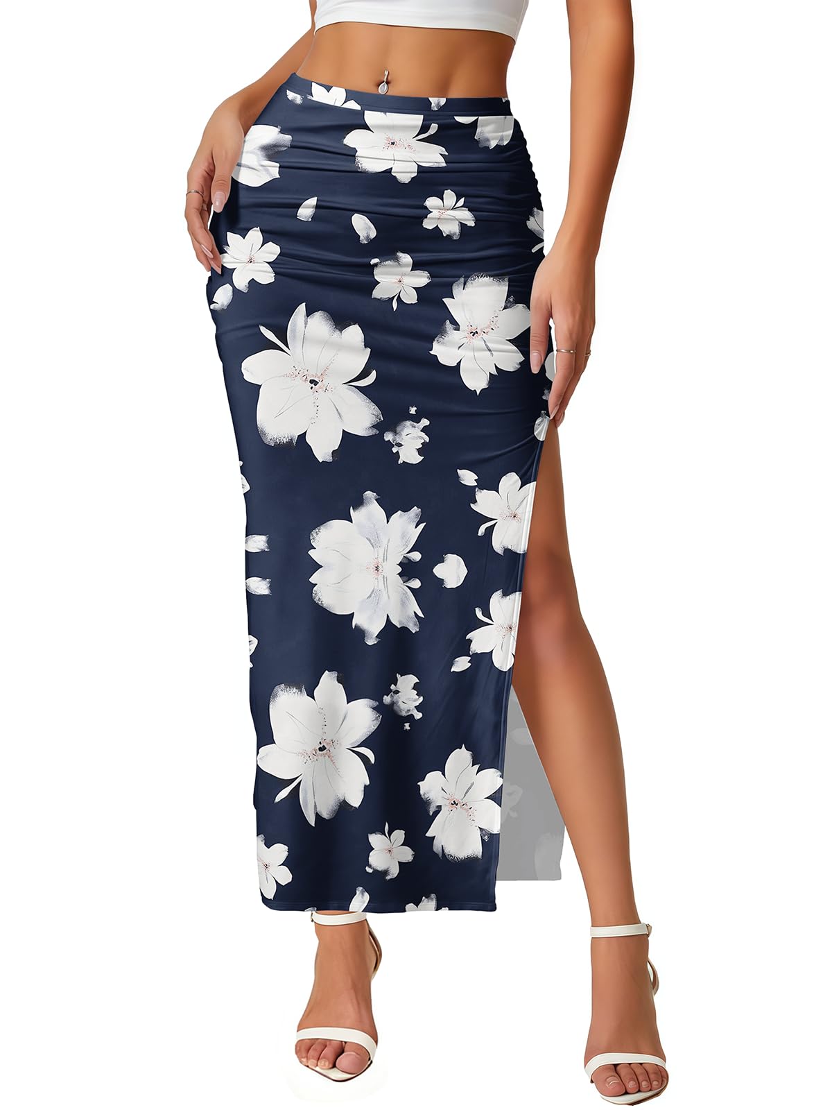 Women's Maxi Skirt Ruched Side Slit Thigh Elegant Bodycon Pencil Skirts