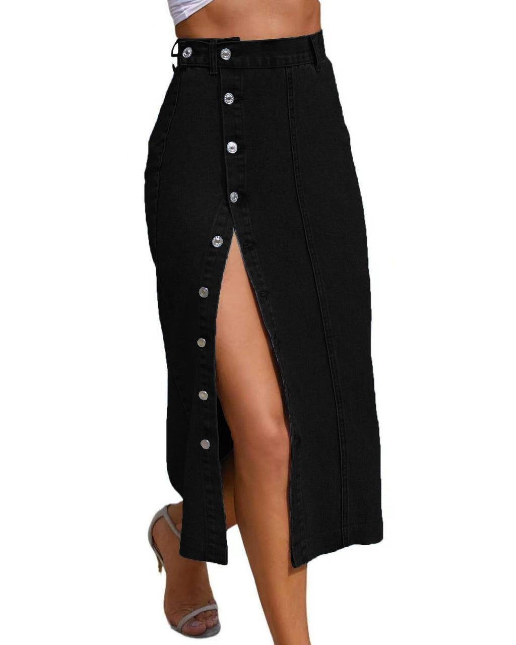 Women's Midi Jeans Skirt Side Slit Denim Skirt