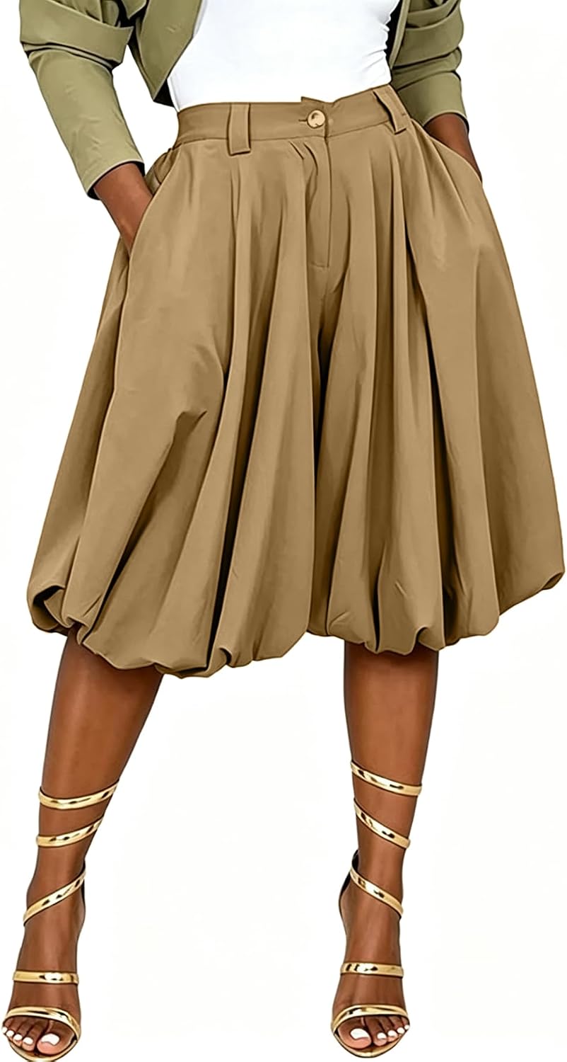 Unybwonn Women Wide Leg Bermuda Shorts High Waist Pleated Bubble Jorts
