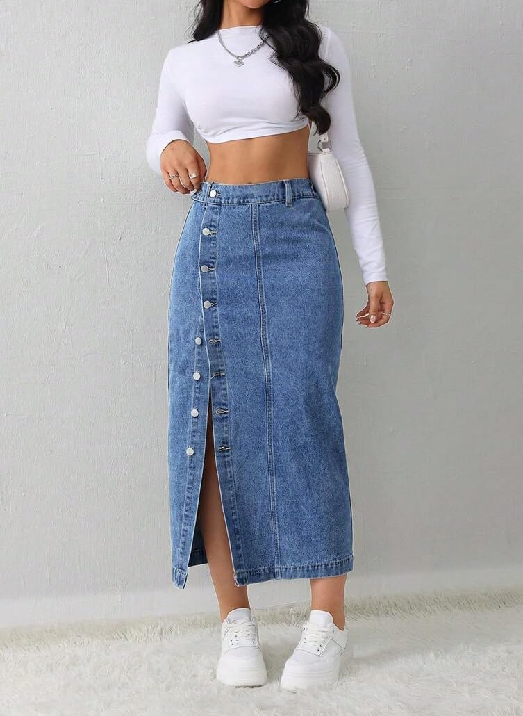 CaniBtr Women's Casual Slit Denim Midi Jean Skirt Stretch with Pockets