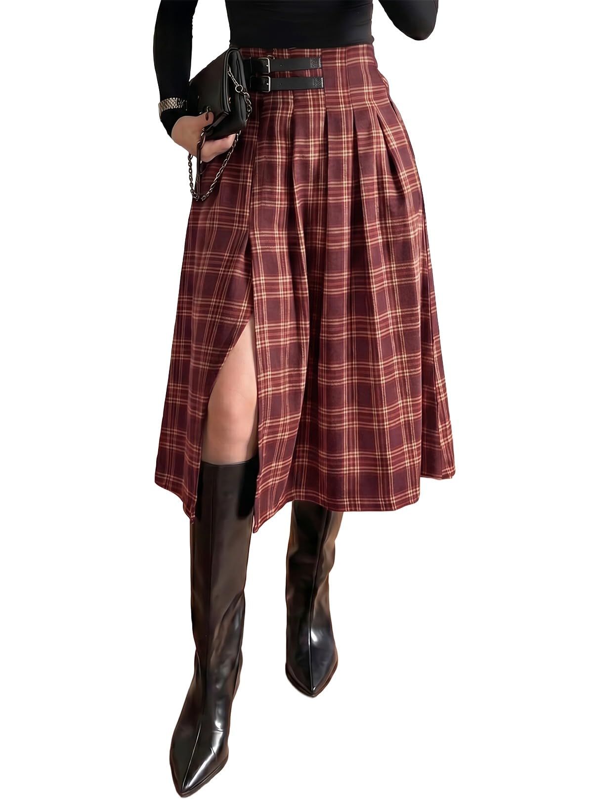 Pink Queen High Waist Side Slit Plaid Skirts for Women Midi Length