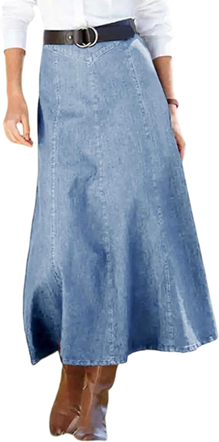 yoeasy Women's Vintage Denim Maxi Skirt Casual High Waist Flowy Swing A-Line Long Jean Skirt