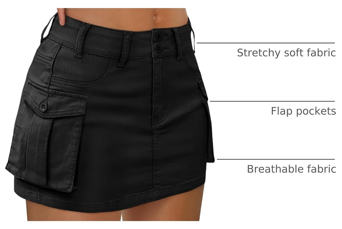 LILLUSORY Women Cargo Mini Skirt Denim Jean Dress with Pocket