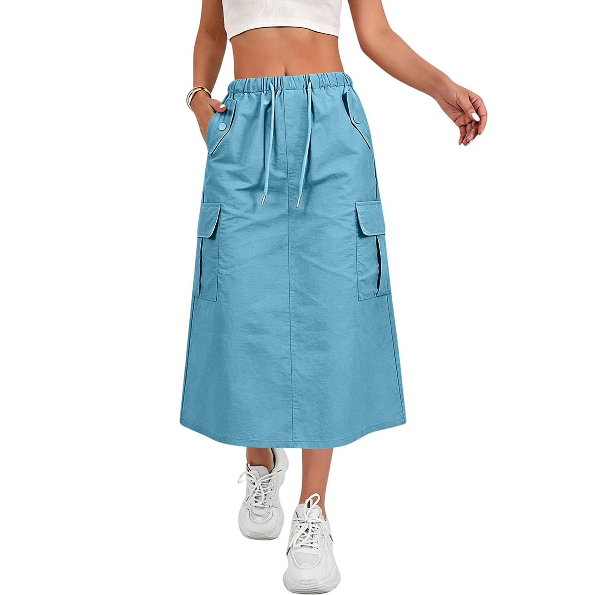 Cargo Skirts for Women Summer Trendy Quick Dry Midi Skirts Drawstring Hiking High Wasited A Line Skirt with Pockets