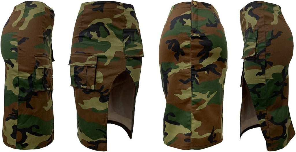 Vakkest Women's Camo Cargo Skirt High Waist Slit Front Long Bodycon Skirts