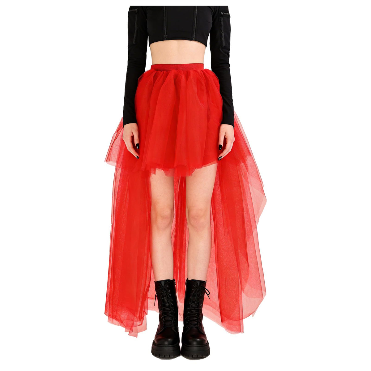 Women High Low Tutu Tulle Bustle Skirt Elastic Waist Dovetail Skirts for Wedding Party Performance