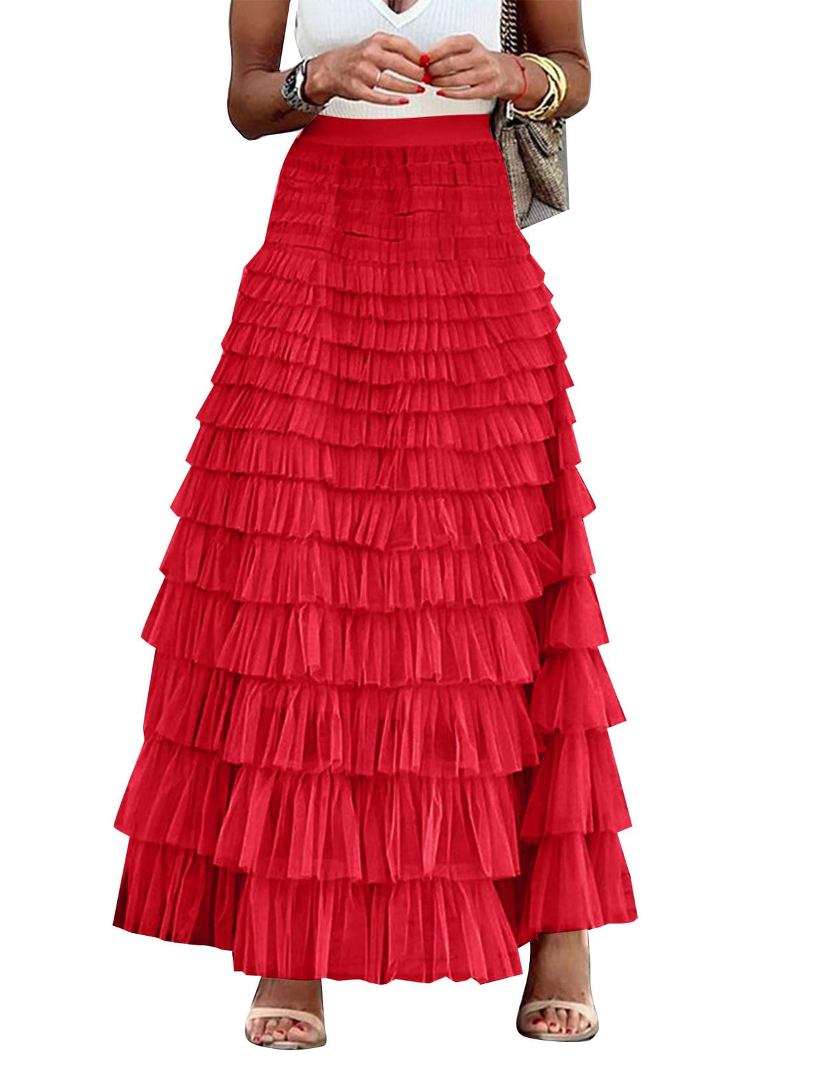Flygo Women Long Maxi Tiered Tulle Skirts A Line Ruffle Layered Fairy Skirt
