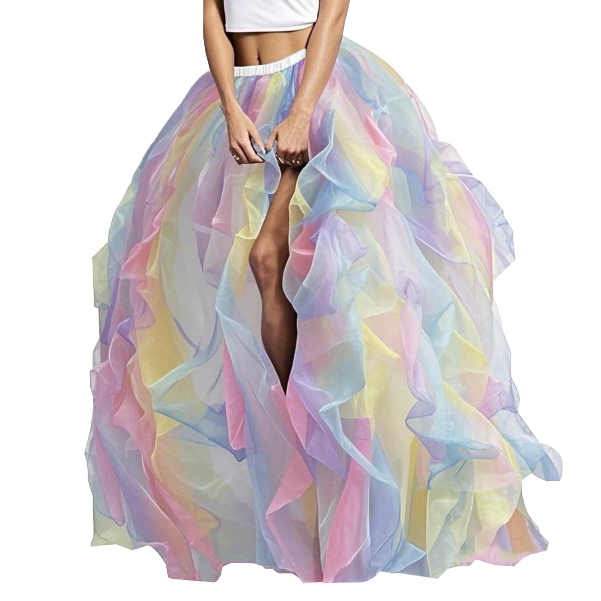 WDPL Women's Long Maxi Slit Tulle Special Occasion Bustle Night Out Skirt