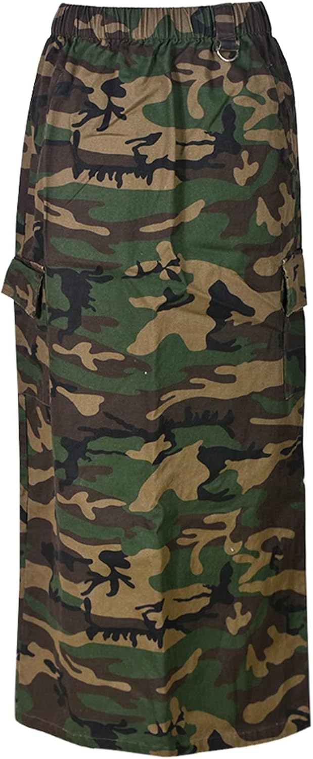 Womens Summer Camo Skirt Casual Elastic High Waist Cargo Long Skirt