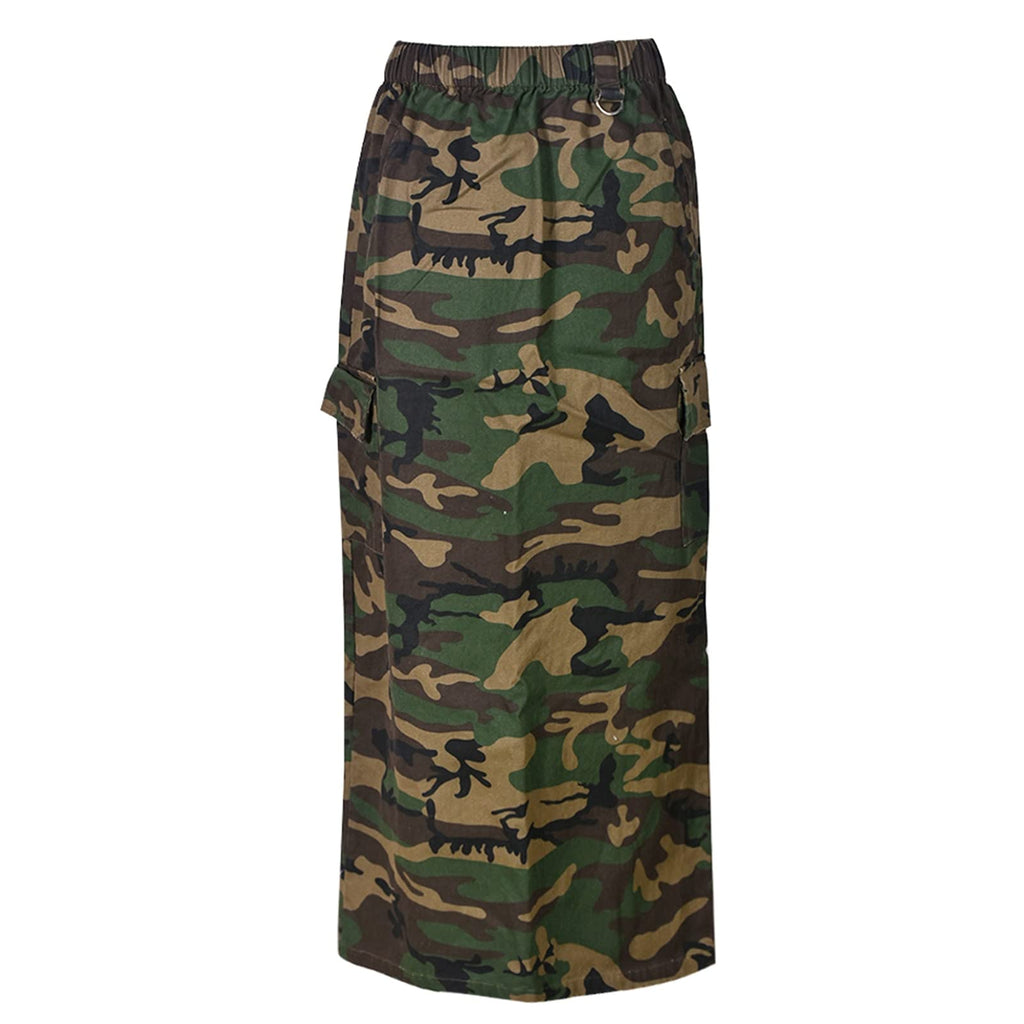 Womens Summer Camo Skirt Casual Elastic High Waist Cargo Long Skirt