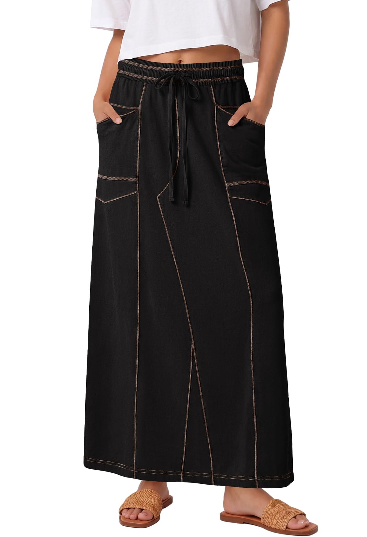 Panadila Womens Elastic Waist Maxi Skirt Fall Cargo Skirt