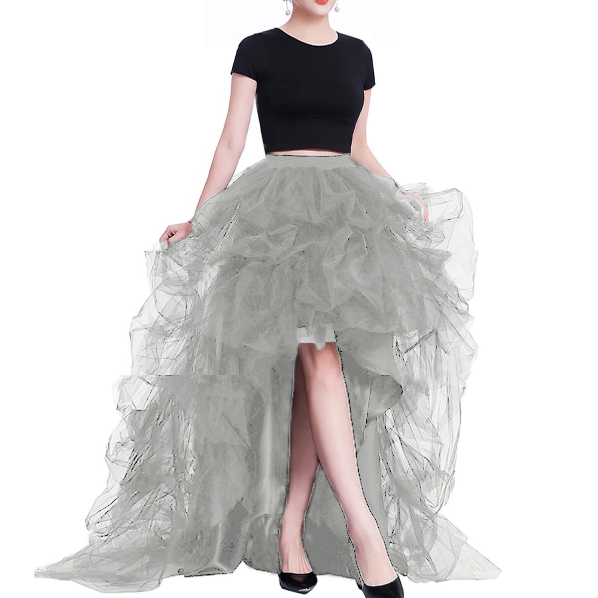 Lisong Women High Waist High Low Layered Tulle Floor Length Spectial Occasion Skirt