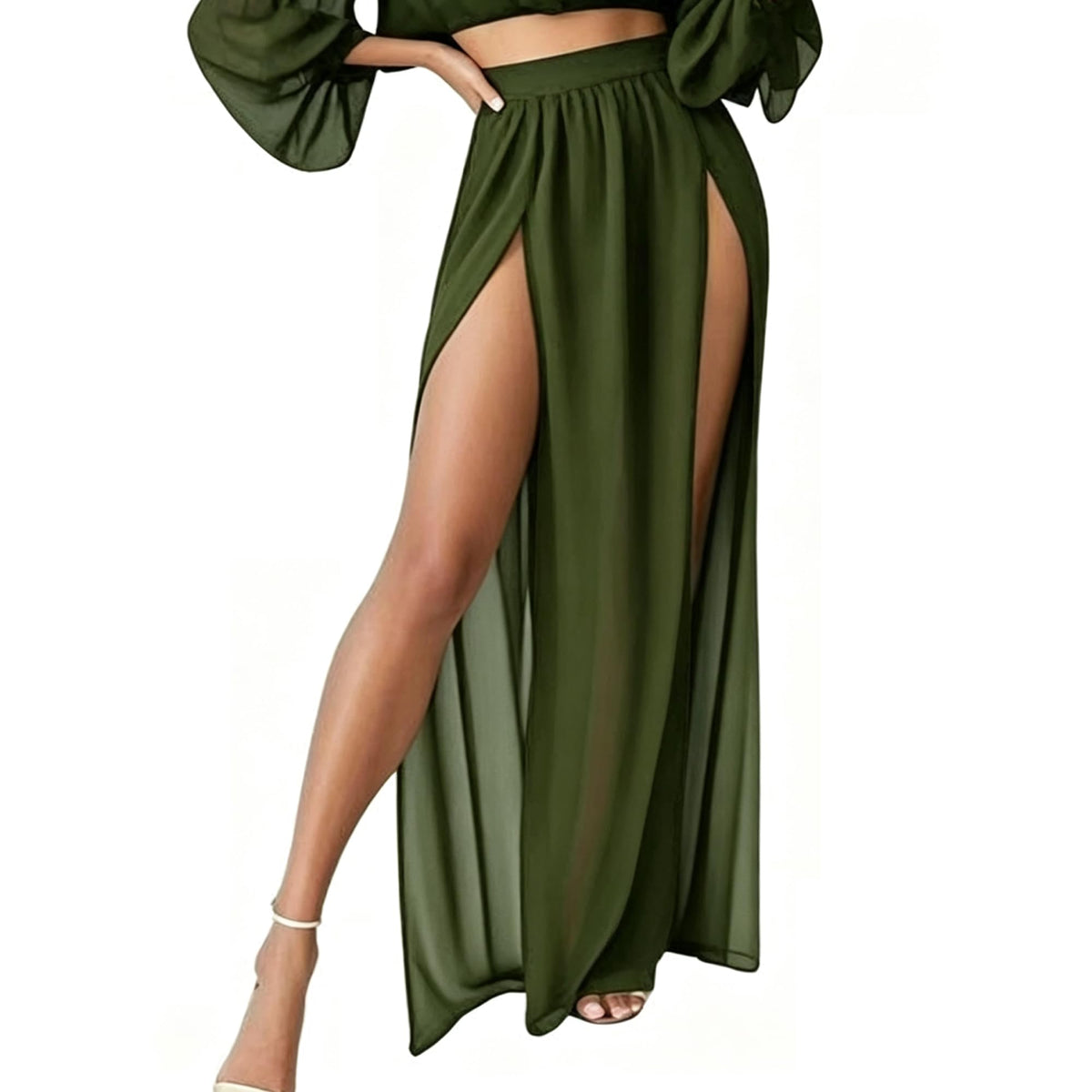 Women's Sheer Mesh Chiffon Double Slit Cover Up Skirt Rave Festival Costume Swim Beach Flowy Long Maxi Skirts