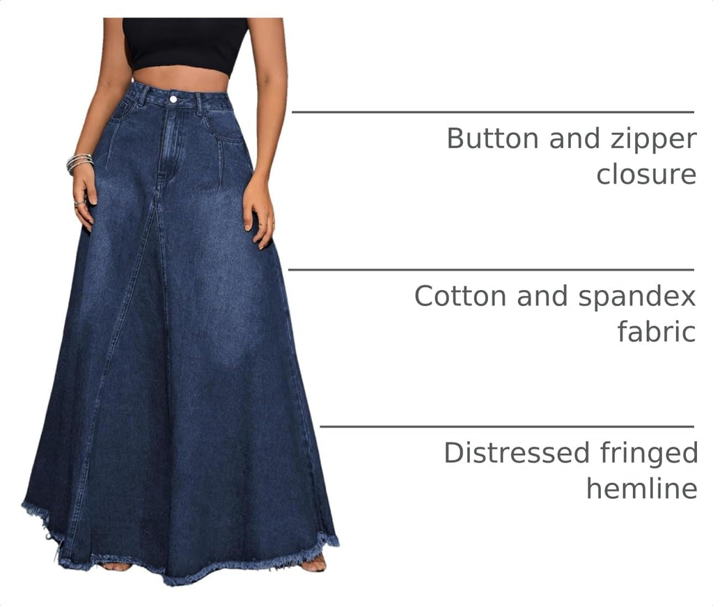 ebossy Women's Retro Distressed High Waist Frayed Hem A Line Wash Maxi Long Denim Skirt with Pockets