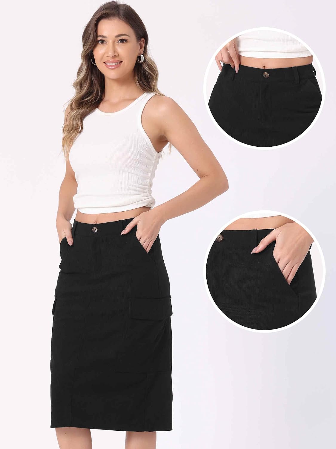 Allegra K Corduroy Cargo Skirts for Women's High Waisted Elastic Back H Line 2025 Fall Midi Skirt