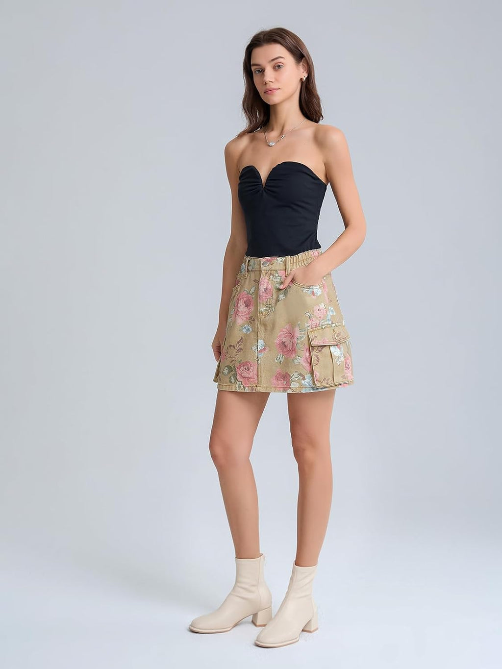 SCOFEEL Women’s Floral Denim Mini Skirt High Waist Cargo Jean Skirt