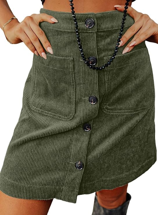 Happy Sailed Womens Corduroy Skirts Fall Winter High Waisted Button Down A-line Short Mini Skirt with Pockets