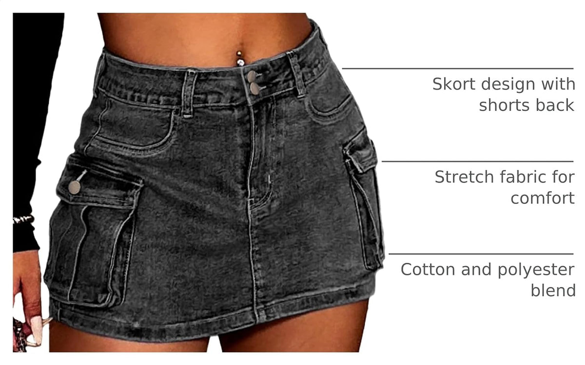 ELLEVEN Women's High Stretch Denim Cargo Skort High Waisted Y2K Jean Skirt