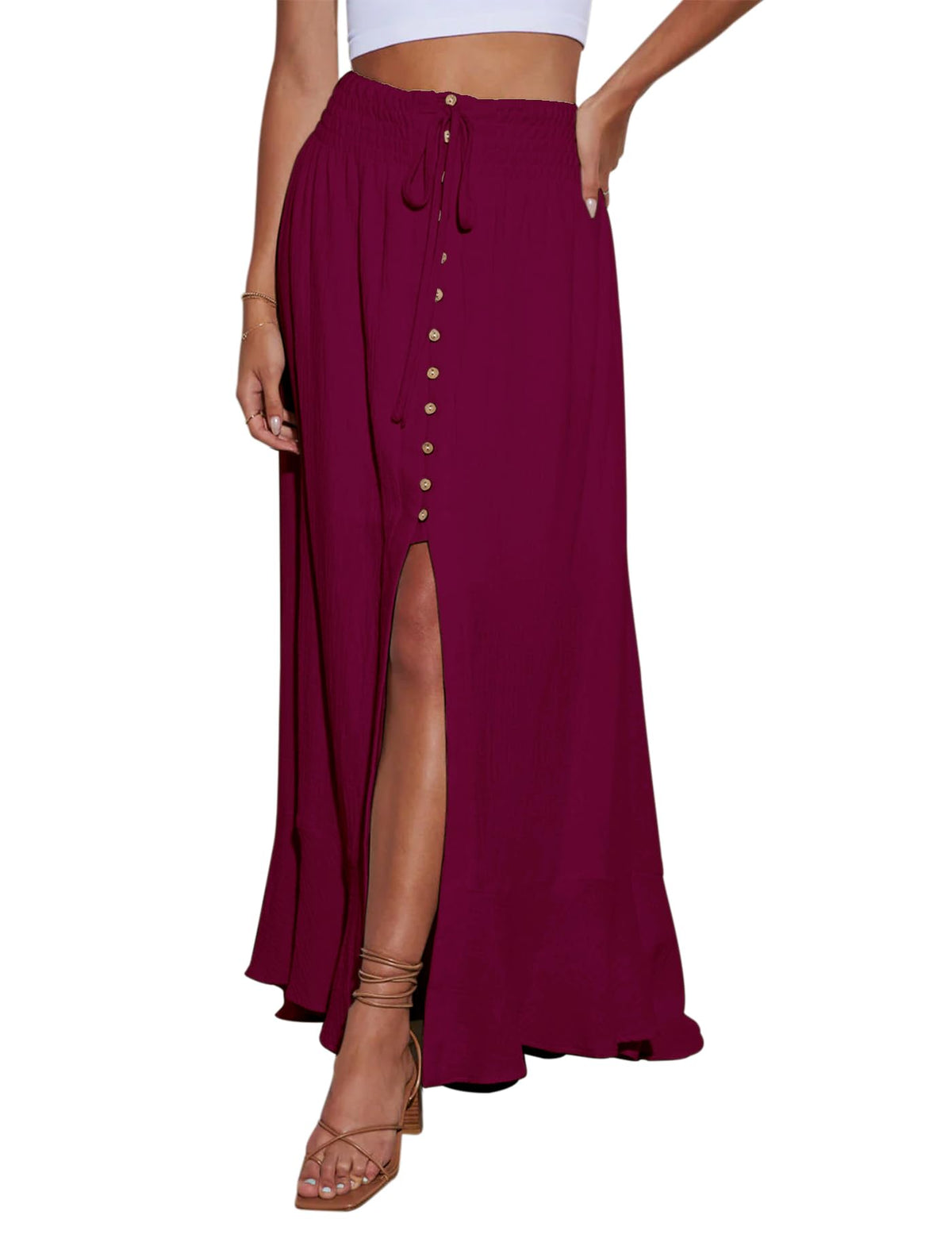 Minclouse Women's Elastic Tie Waist Button Down Maxi Skirts Casual Loose Flowy Swing Slit Front Dress