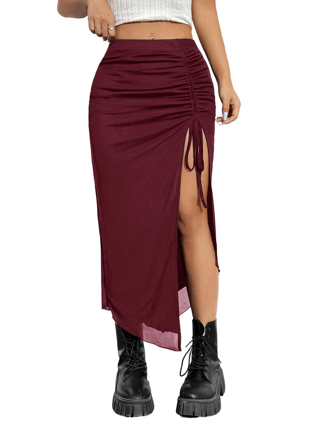 SHENHE Women's High Slit Skirt Asymmetrical Mesh High Waisted Long Skirts