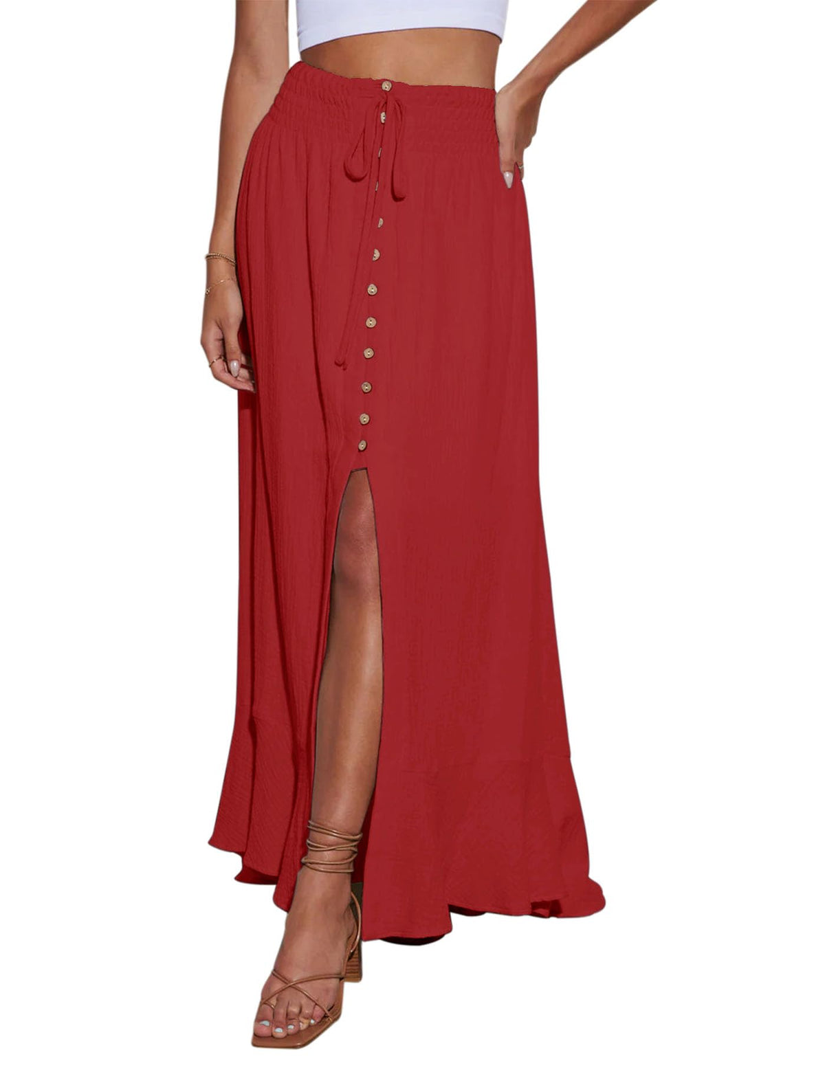 Minclouse Women's Elastic Tie Waist Button Down Maxi Skirts Casual Loose Flowy Swing Slit Front Dress