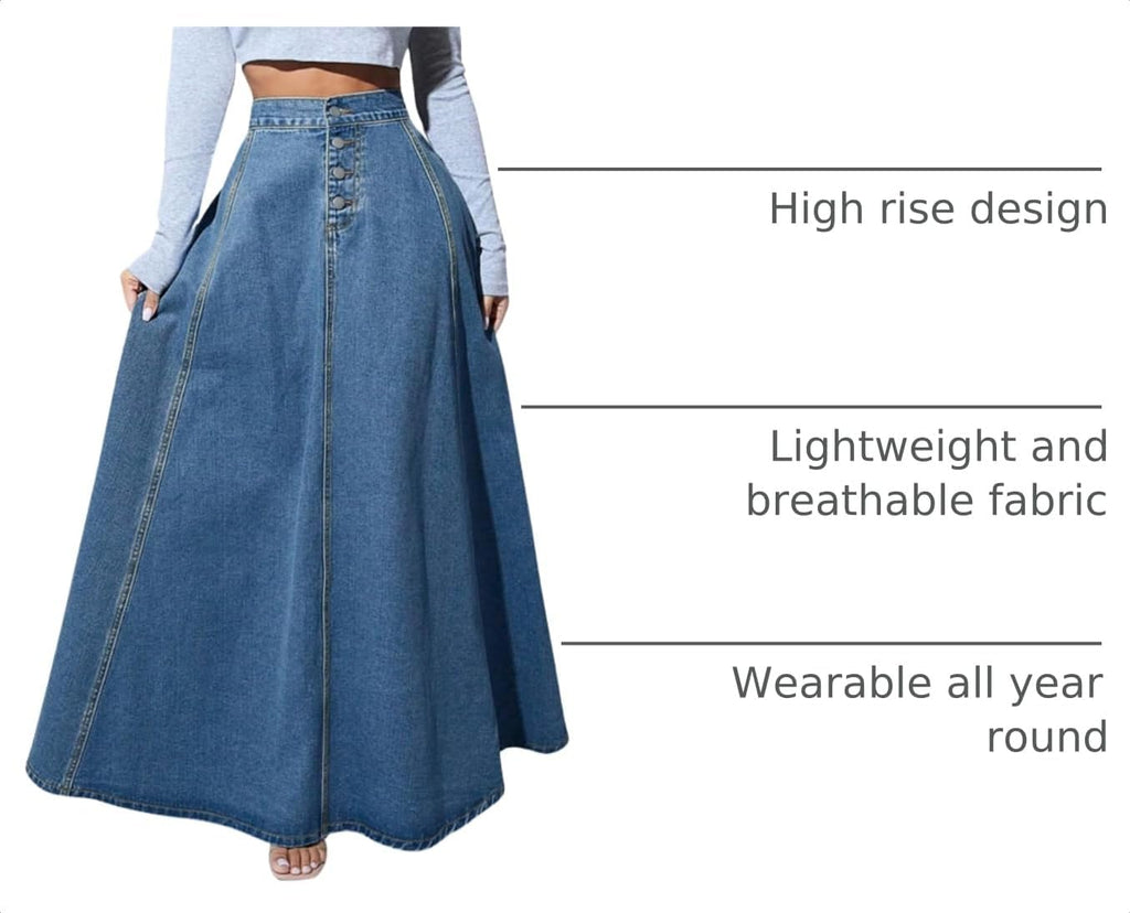ebossy Women's Retro High Waisted Button Fly Flared Long Jean Skirts Pleated Flowy Swing A-line Denim Maxi Skirts