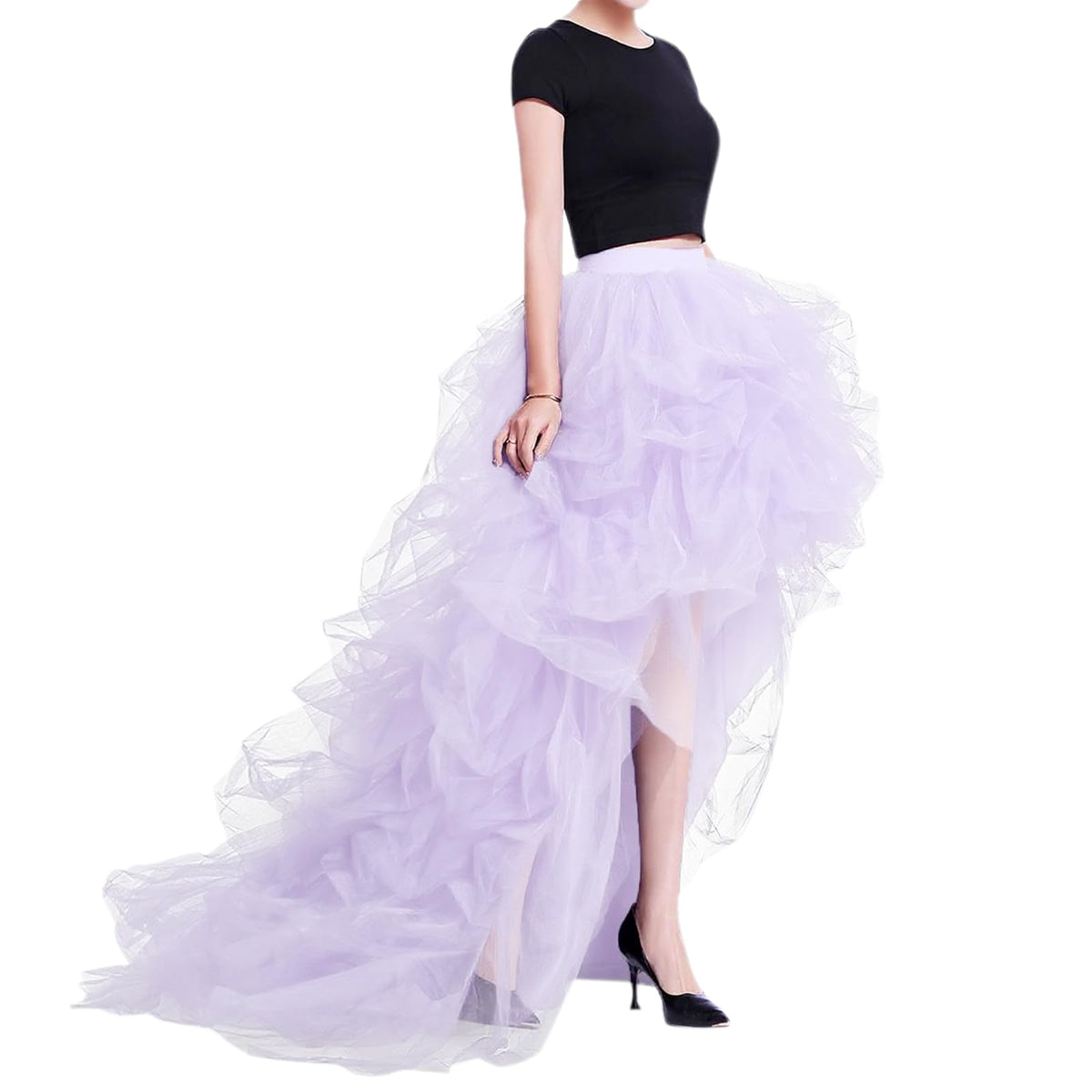 WDPL Women’s High Low Ruffled Tulle Skirt, Long Back Hem for Party Evening