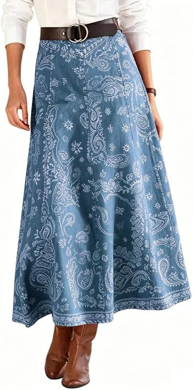 yoeasy Women's Vintage Denim Maxi Skirt Casual High Waist Flowy Swing A-Line Long Jean Skirt