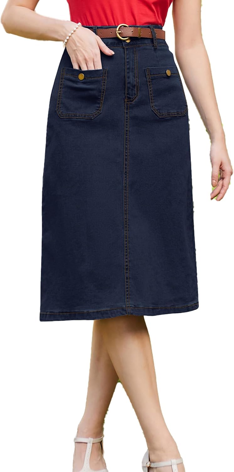 Belle Poque Denim Skirt with Belt Below Knee Length High Waisted Jean Skirts for Women
