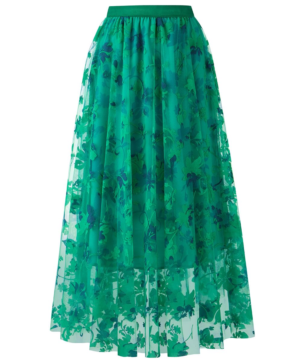 Reaowazo Skirts for Women Midi Long Length Dressy Casual Trendy Summer Tulle A-Line Floral High Waist Skirt