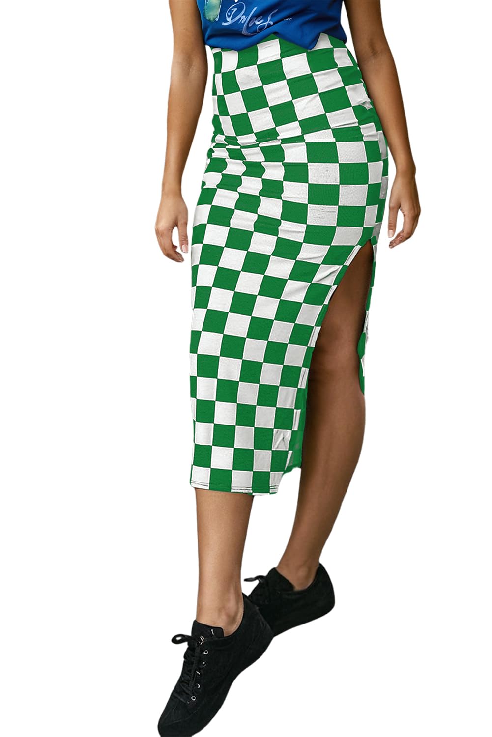 EARKOHA Womens Checkered Slit Midi Skirt Summer Fall Bodycon Long Skirts