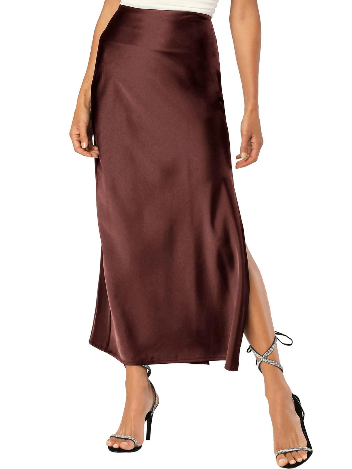Womens Satin Silk Maxi Slit Skirt Elastic Waistband Leopard Print Maxi Long Satin Slit Skirts for Women
