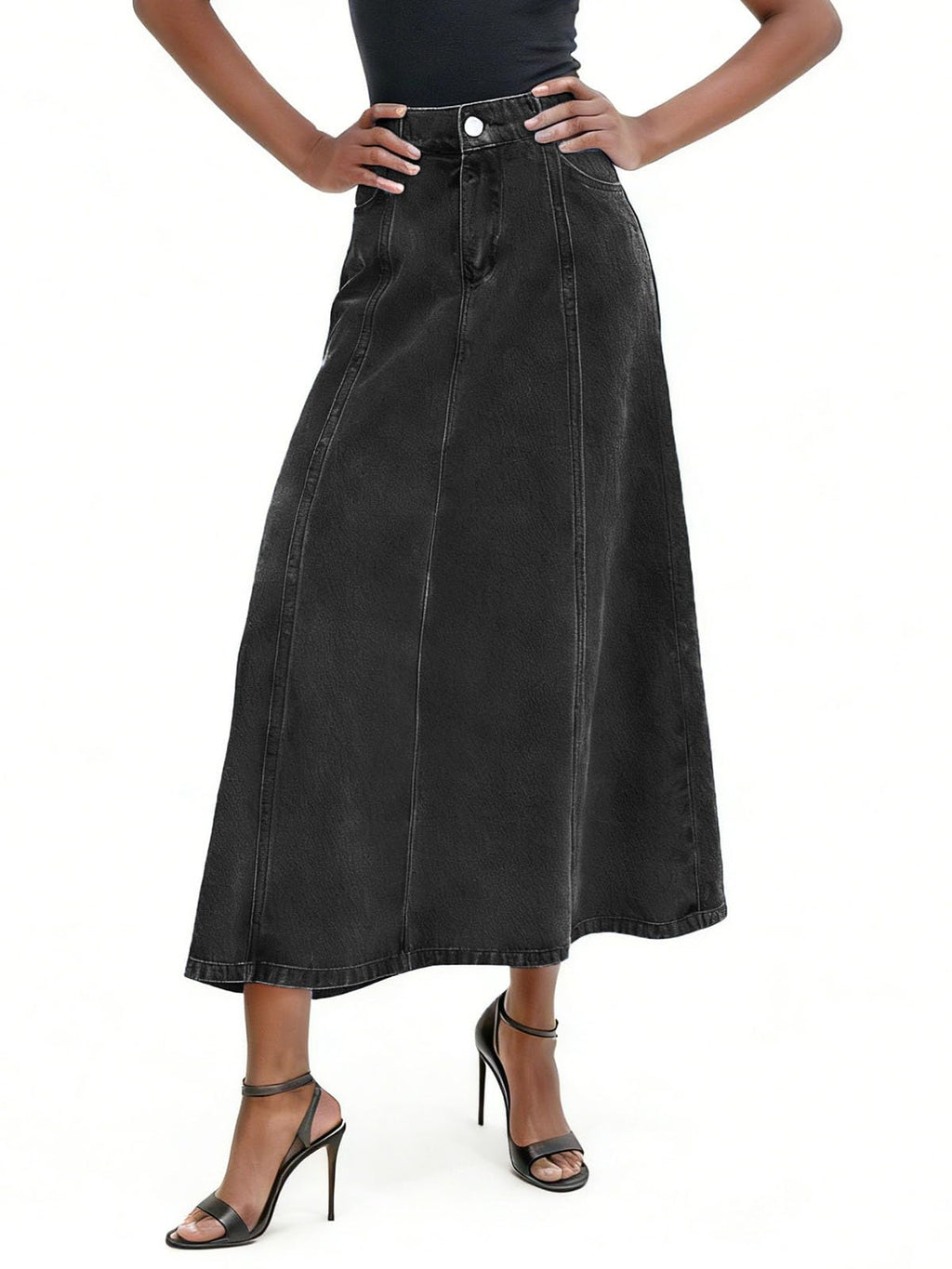 utcoco Women's Stretch High Waisted Denim Skirt Flowy A-Line Jean Maxi Skirt with Pockets
