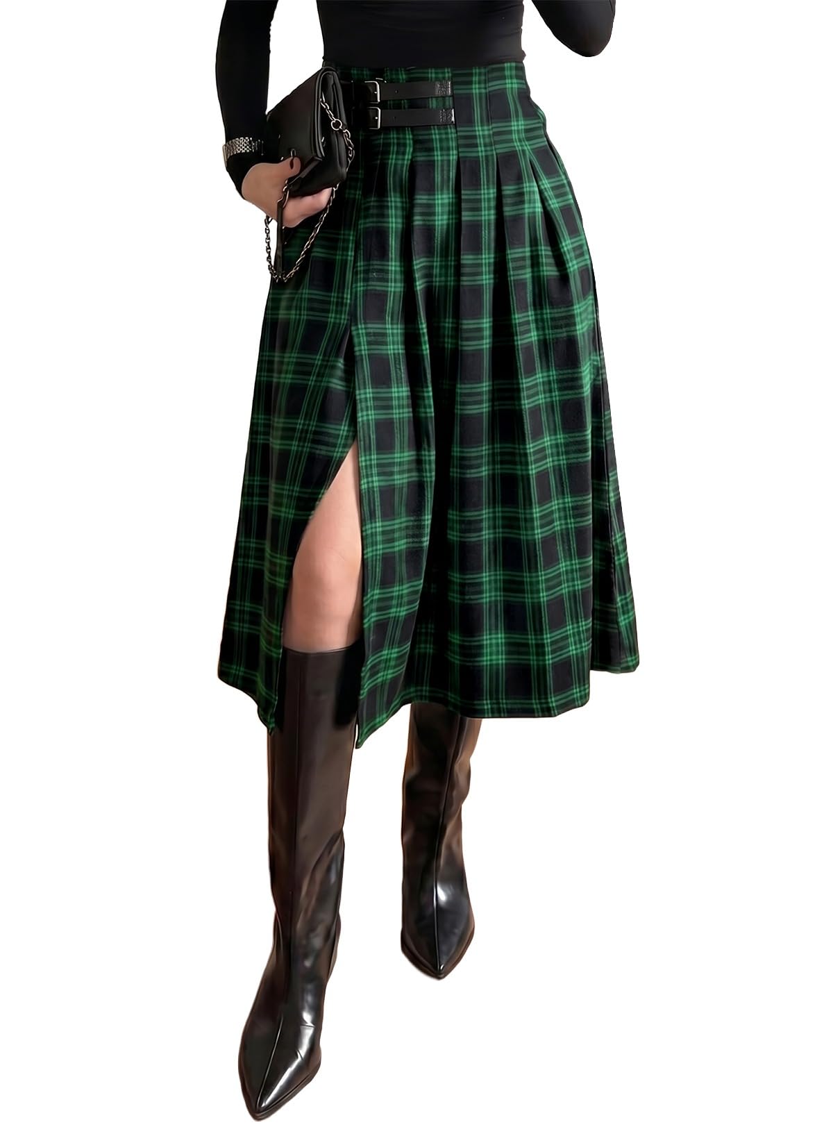 Pink Queen High Waist Side Slit Plaid Skirts for Women Midi Length