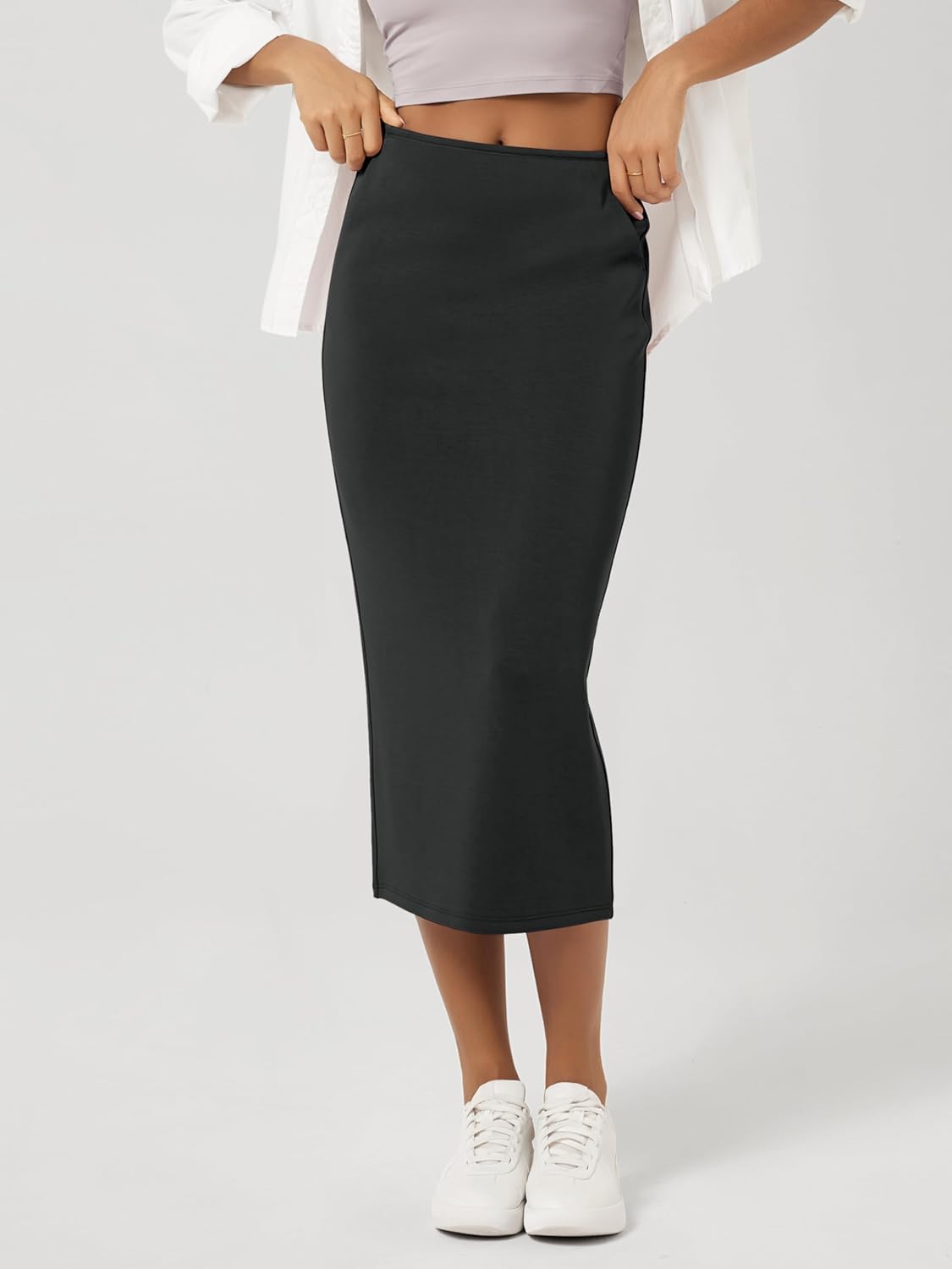 ODODOS Modal Soft Midi Skirt for Women Back Slit High Waist Casual Long Pencil Skirts with Pockets