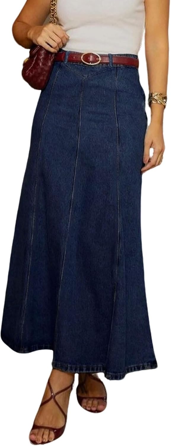 CHARTOU Women Long Patchwork Denim Skirt Stretchy High Waist Flowy Maxi Jean Skirt