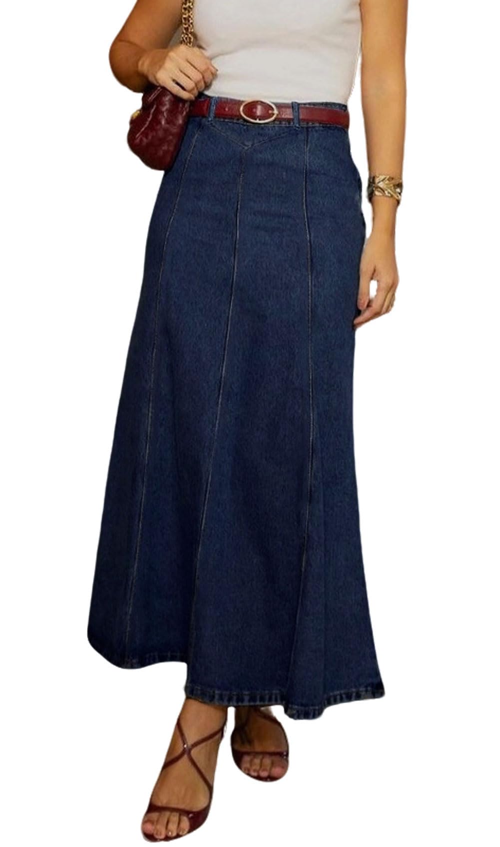 CHARTOU Women Long Patchwork Denim Skirt Stretchy High Waist Flowy Maxi Jean Skirt