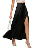MAKABO Maxi Satin Skirts for Womens High-Waisted Side Slit with Pockets A-Line Long Skirts for Casual Daily Party