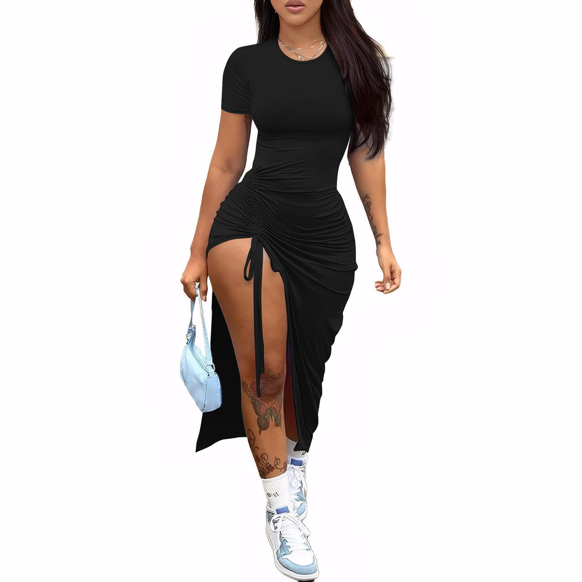 Nimsruc Women Sexy Summer Bodycon Dresses Short Sleeve Slit Maxi Club Dress