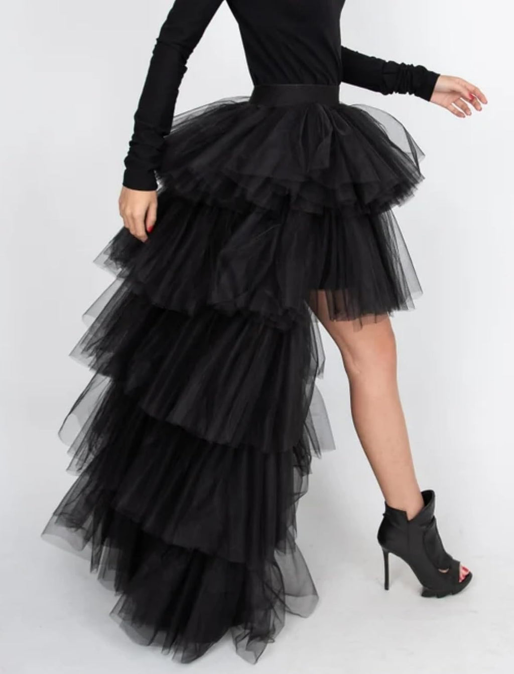 Women's High Low Tutu Skirts Sweet Elastic Waist Tulle Layered Ruffles Mesh Long Tiered Skirt